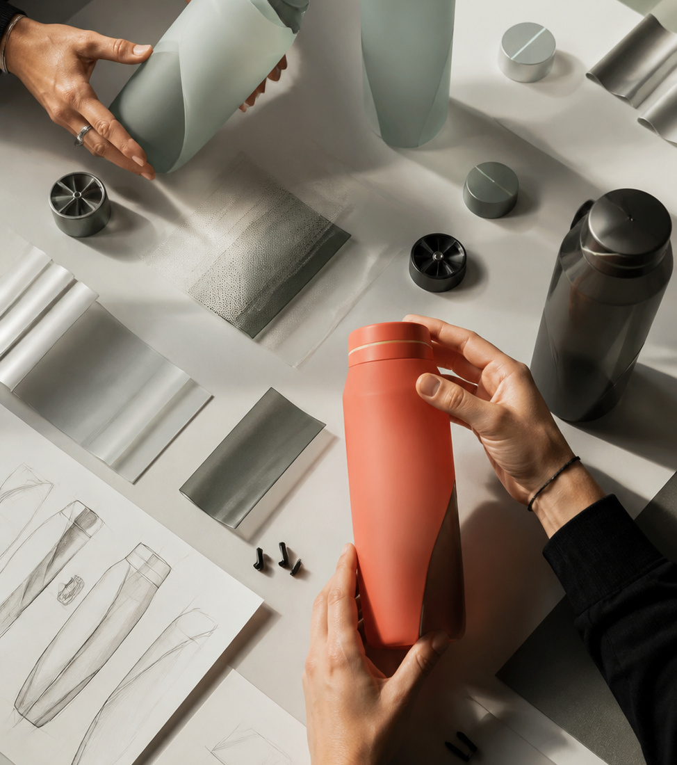 Early product sketches, material samples, and closure prototypes used to begin a development conversation.